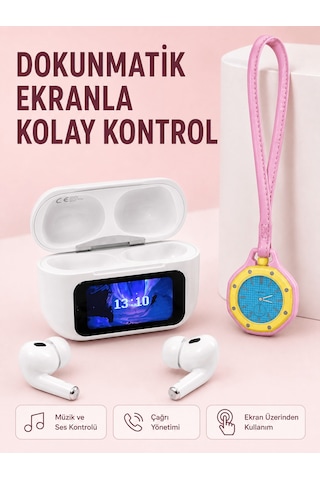 Dokunmatik Ekranlı Kablosuz Kulaklık Ve Pembe Çanta Aksesuar Saat