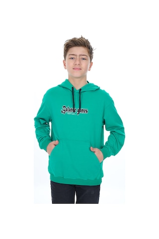 Toontoy Kids Toontoy Erkek Çocuk Oversize Kapüşonlu Hafif Düşük Omuz Baskılı Sweatshirt - 2 İplik Koyu Yeşil