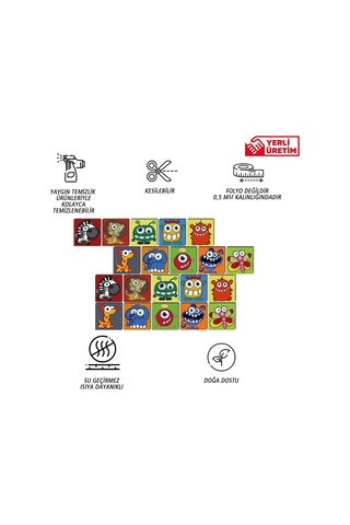 Tink Kendinden Yapışkanlı Karma Çocuk Desenli Pvc Karo, Yapışkanlı Fayans Kaplama, Fayans Çıkartması, Zemin Duvar Karosu 20x20 Cm 6 Adet/0,24 M2