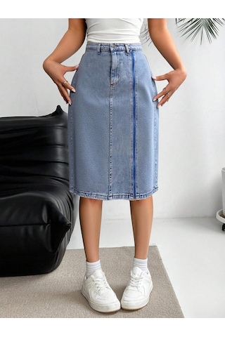 Shevega Kadın Taş Yikama Ön Fermuar Detayli Kot Etek Mavi