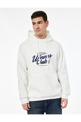 Koton Regular Fit Uzun Kollu Kanguru Şardonlu Cepli Kapşonlu Baskılı Sweatshirt Beyaz 7wam70032mk