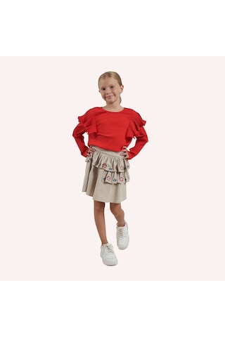 Panço Kız Çocuk Kolları Fırfır Detaylı T-shirt Bej-melanj Kırmızı