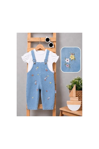 Altıntaş Baby Renkli Çiçek Nakışlı Kot Görünümlü Örme Kumaş Yazlık T-shirt 2li Salopet Set Beyaz Beyaz