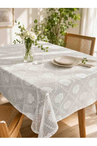 English Home Tığ İşi Dantel Masa Örtüsü 145x145 Cm Deniz Kabuğu Desenli Beyaz