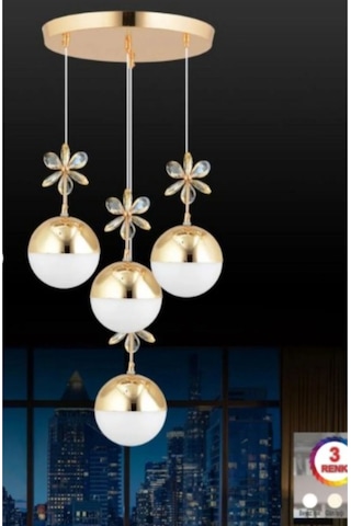 4'lü Şeker Toplu Rose Gold Kristal Taşlı 3 Renk Ledli Sarkıt Avize Altın