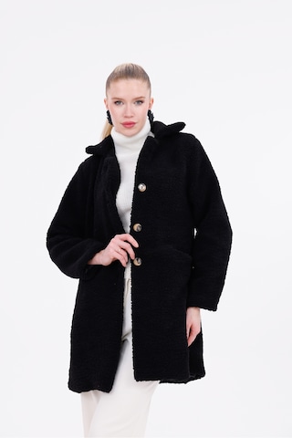 Düğmeli Cepli Kadın Peluş Kaban Siyah