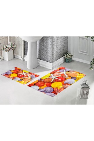 Deniz Yıldızı Desenli Kaymaz Yıkanabilir İkili Modern Banyo Paspası Banyo Halısı Banyo Dekoru Beyaz - Turuncu