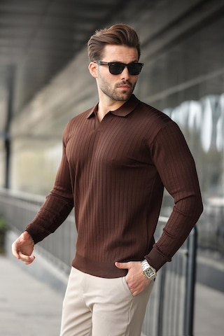 Madmext Kahverengi Polo Yaka Çizgili Uzun Kollu Kazak 7239 Kahverengi