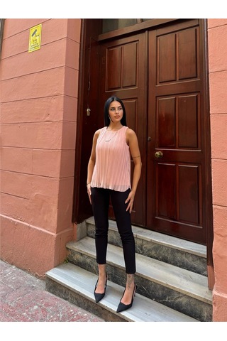 WeShaya Pudra Astarlı Pileli Kolsuz Bluz Pudra