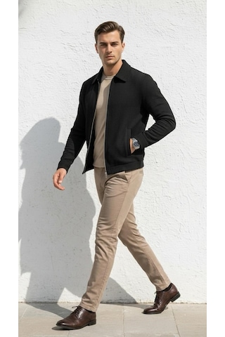 Plus Scorpion Slim Fit Fitilli Dokulu Erkek Fermuarlı Mont Ceket Günlük Şık Kombin Siyah