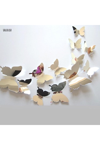 12 Adet/takım Kelebek Kombinasyonu Modern 3d Ayna Akrilik Ev Dekorasyon Diy Sanat Duvar Çıkartmaları Gümüş