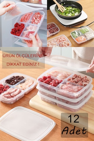 Krm Home 12'li Dondurulmuş 400 ML 4 Bölmeli Öğünlük Et Sebze Saklama Kabı Şeffaf