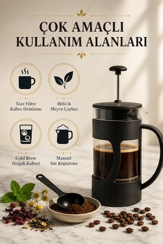 Borosilikat Cam French Press 350 ml – Mat Siyah Gövde