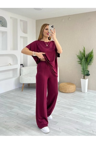 Modi Kadın Kısa Kollu Kayık Yakalı Dikiş Izi Detaylı Viskon Iki Iplik Bluz Ve Pantolon Ikili Takım bordo