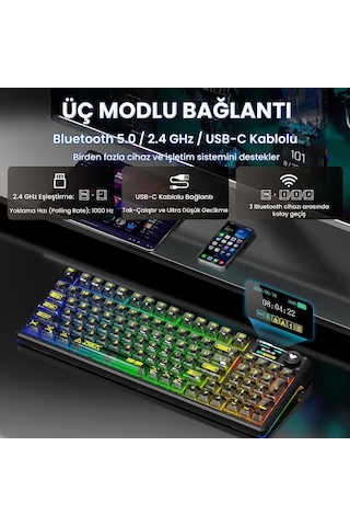 Aula F98 Pro V3 Oled Ekranlı Crystal Switch Makrolu Kablosuz Rgb Hot-swap Gasket Pre-lubed Switch Mekanik Klavye Şeffaf Siyah