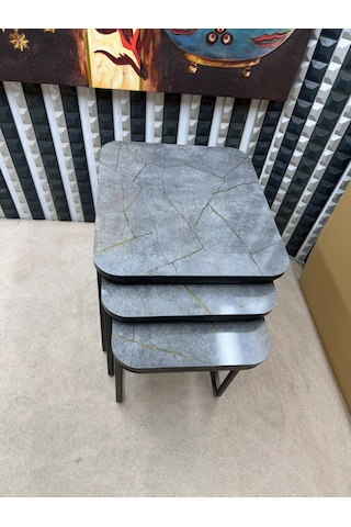 3 Lü Zigon Sehpa Seti Metal Ayaklı Ahşap Desen Tabla Modern Tasarım Gri