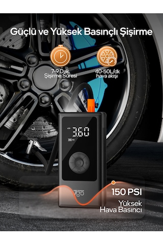 7go 7a3 Hava Pompası & Powerbank 150 Psı Ultra Basınç, Led Işıklı, Lcd Ekranlı, 4000mah Taşınabili