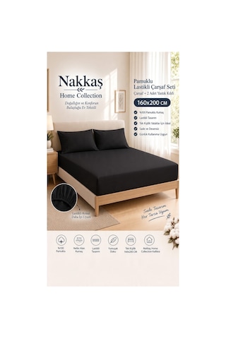 160x200 Lastikli Çarşaf Seti Pamuklu Çift Kişilik Çarşaf + 2 Adet Yastık Kılıfı-siyah