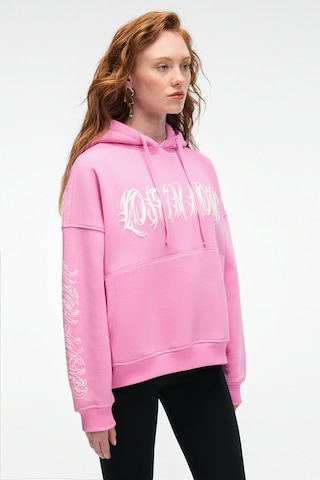 Grimelange ALIRAYNE Kadın Baskılı Oversize Kapüşonlu Kanguru Cep Pembe Sweatshirt