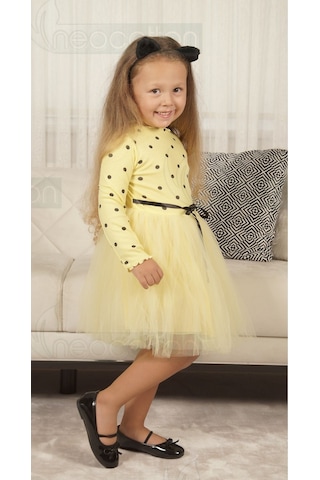 Puantiyeli Kız Çocuk Uzun Kollu Doğum Günü Ve Özel Günler İçin Tüllü Elbise Sarı 1 Sarı