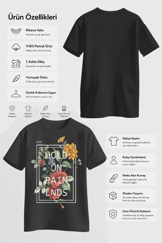 Spoyi Flora Patience Tasarımlı %100 Pamuk Yarım Oversize Siyah T-lhirt