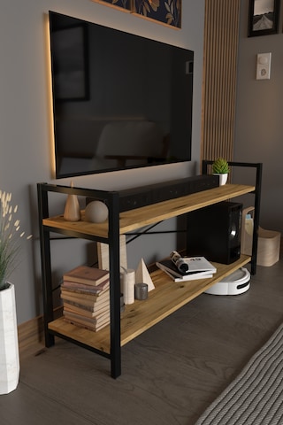 TV Ünitesi Dekoratif 2 Raflı Metal Ayaklı TV Sehpası Atlantik Çam