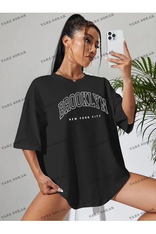 Adrift Brooklyn Baskılı Oversize Kalıp Unisex T-shirt Siyah