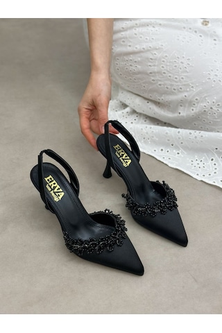 Ervanın Butiği Siyah Saten Cecily İnci Detay Kadın Stiletto-6235