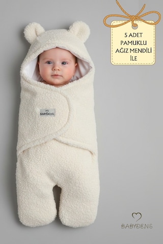 Babyden's 0-12 Ay Welsoft Peluş Bebek Dış Kundak Uyku Tulumu Ayıcık Kulaklı İçi %100 Pamuk Astarlı Battaniye Ekru