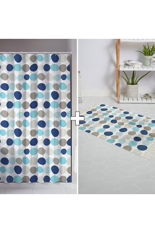Banyo Paspas Ve Tek Kanat Duş Perdesi 1x180x200 Set Banyo Halısı 5706 Mavi