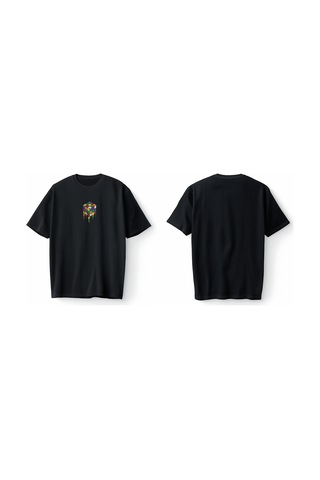 Bumeta Rubik Zeka Küpü Renkli Kombinasyon Akışkan Baskılı Oversize Unisex Tişört T-shirt Siyah
