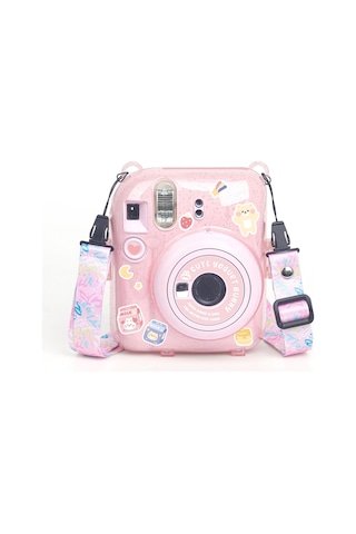 Fujifilm Instax Mini 12 Fotoğraf Makinesi + 20'li Film + Kıskaçlı Resim Standı + Simli Pleksi Kılıf Seti Pembe