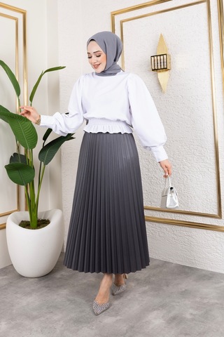Hira Life Fashion Kadın Tesettür Giyim Ve Deri Görünümlü Beli Lastik Detayı İle Piliseli Uzun Etek Füme Füme
