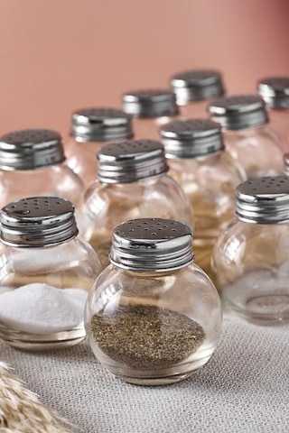 Salty Cam 12'li Tombik Tuzluk Seti 50 Ml Tek Kişilik Tuzluk-karabiberlik Seti Paslanmaz Çelik Kapak Seffaf Şeffaf