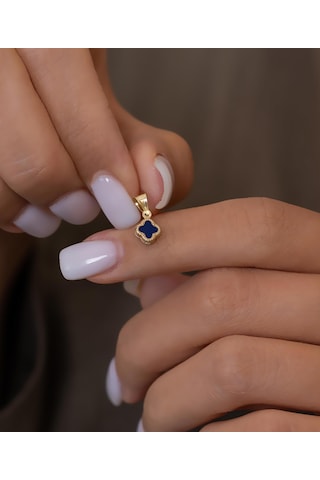 Bayar Gold 14 Ayar Altın Lacivert Renkli Yonca Kolye Ucu Sarı Altın