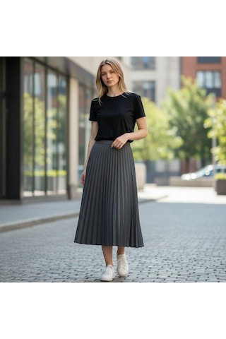 Eren Style Pileli Pamuklu Diyagona Beli Lastikli Etek 95 Cm - 38-50 Vizon