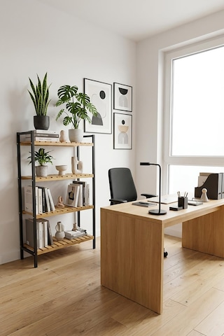 4 Katlı Metal Ofis Kitaplığı, Doğal Ahşap Raf, 4 Katlı Kitap Dosya Rafı - Depo, Arşiv, Siyah