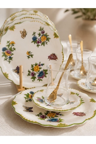 18 Parça Butterfly Garden Pasta Çay Takımı Seti-6134 beyaz