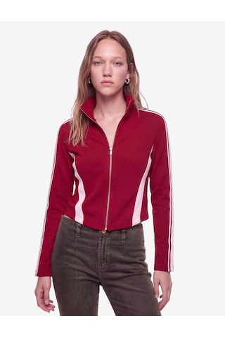 Koton Slim Fit Pamuklu Şeritli Dik Yaka Uzun Kollu Fermuarlı Sweatshirt Bordo 7wal10413ık