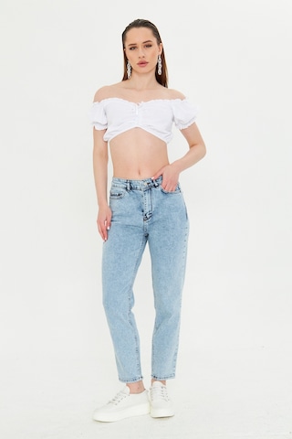 Kutaf Kar Yıkama Açık Mavi Slim Fit Mom Jean Açık Mavi