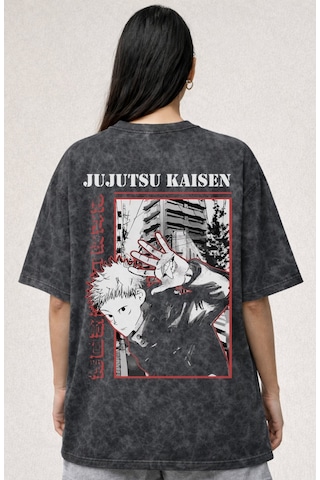 Itadori Yuji Jujutsu Kaisen Anime Baskılı Unisex Oversize Eskitme Siyah