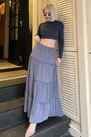 Madmext Füme Basic Pileli Kadın Uzun Etek Füme