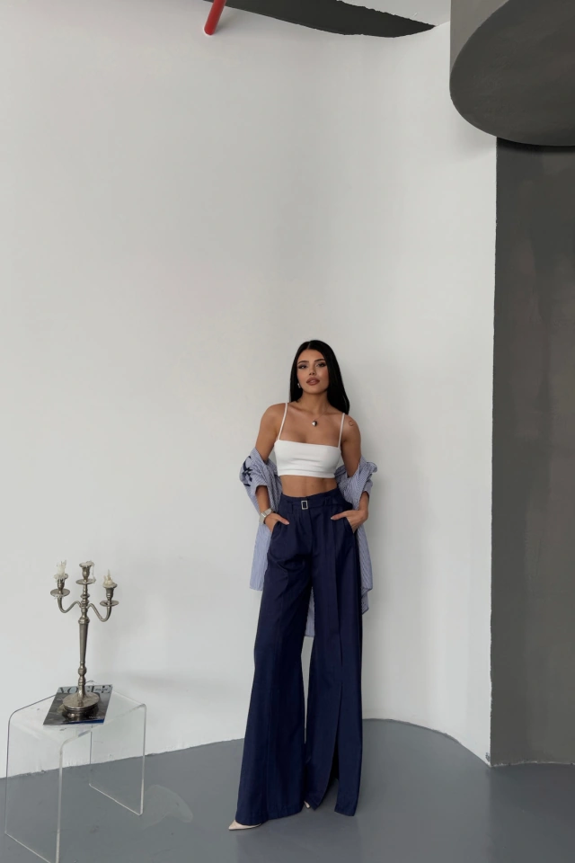 Sidelya Concept Salaş Önden Yırtmaç Detaylı Bel Kemerli Pantolon - Lacivert Lacivert