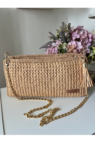 El Yapımı Örgü Kağıt İp Kadın Clutch Çanta Zincir Askılı Bej