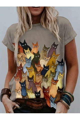 Simala Kadın Kısa Kollu Bisiklet Yaka Kedi Desenli Süprem Bluz SÜTLÜ KAHVE