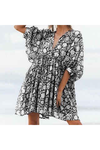 Yaz Kadın Elbisesi Moda Büyük Metre Gevşek Askılı Kişiselleştirilmiş Edebi Retro Avrupa Ve Amerikan Tarzı Baskılı Elbiseler Siyah