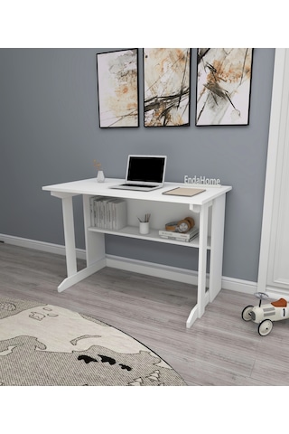 Pillar Raflı Çalışma Masası Kitaplıklı Beyaz Çalışma Masası Mat Beyaz