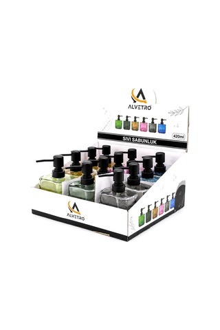 Alvetro Alv-06 Şeffaf Renkli Cam Sıvı Sabunluk 420 Ml - Dikdörtgen Çizgili Şişe- 12'li Paket Diğer