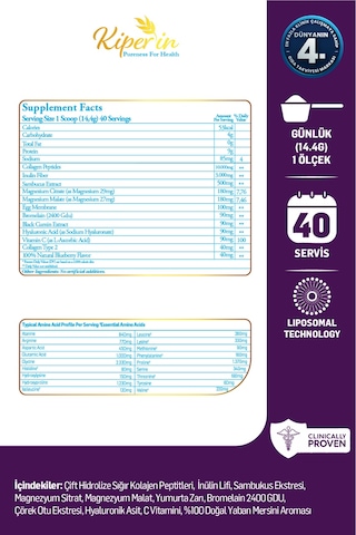 Kiperin %100 Saf Ve Doğal Mor & Çoklu Kolajen Peptitleri İçeren Lipozomal Teknoloji Diyet Takviyesi 576gr