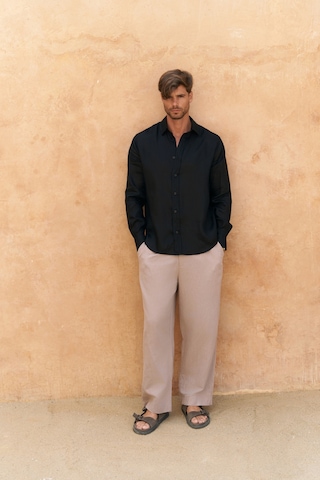 Mai Collection Mai Studios Co. Agnola Oversize Erkek Siyah Keten Gömlek Siyah